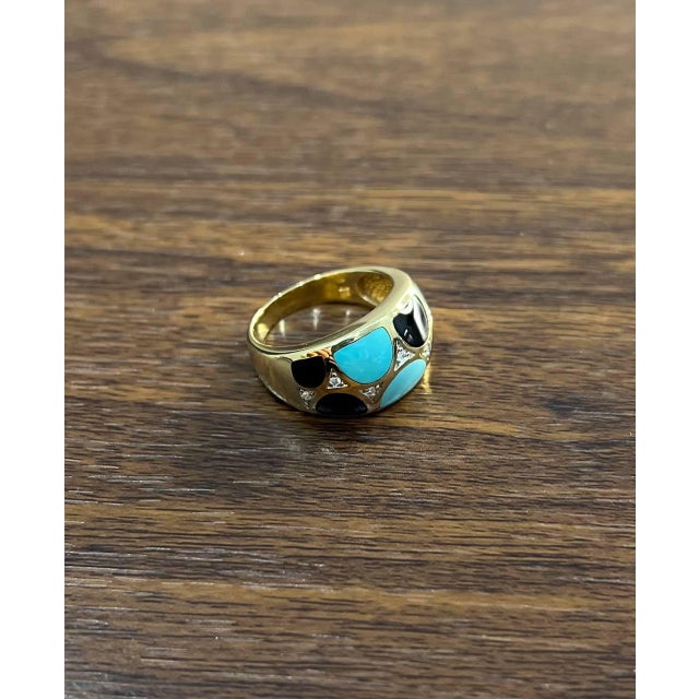 Early 21st Century Blue Teal Turquoise & Black Onyx Diamonds 14k Yellow Gold Statement Dome Ring, Size 7 For Sale - Image 5 of 10