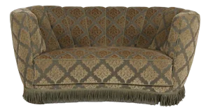 Danish Art Deco Curved Sofa with Green Floral Velour Upholstery, 1950s