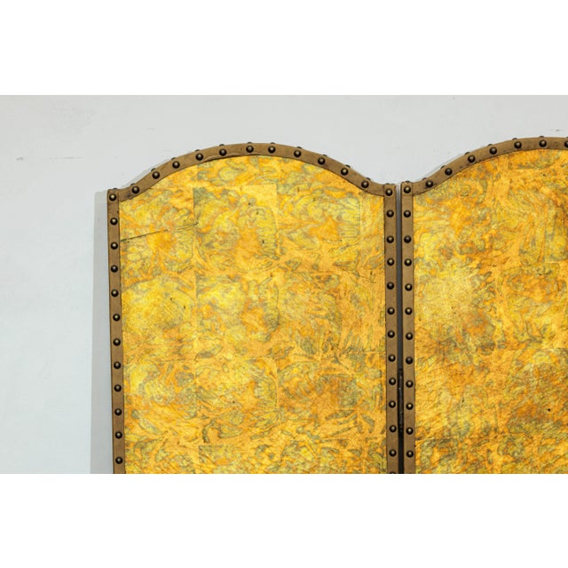 Scalloped Four-Panel Screen in Distressed Gold Leaf with Nailhead Trim For Sale - Image 9 of 12