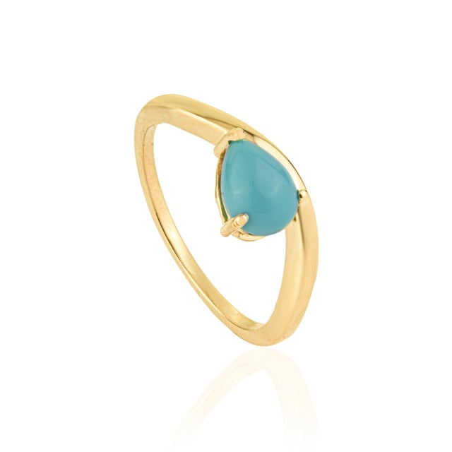 Not Yet Made - Made To Order 18k Yellow Gold Wavy Band Ring With Teardrop Cabochon Turquoise Size 8 For Sale - Image 5 of 15