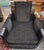 Pr. Of custom art deco style black lacquer arm chairs or club chairs in custom upholstery with Greek key design and...