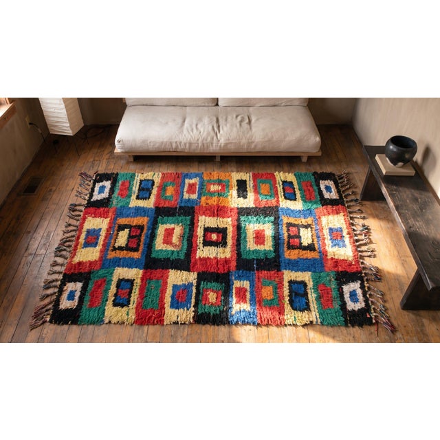 Textile 1940s Multicolor Geometric Antique Moroccan Boucherouitte Rug 4'10" X 9'3" Handknotted Wool Carpet For Sale - Image 7 of 8