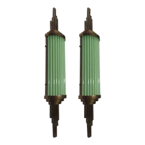 Pair Vintage 1940s Skyscraper Art Deco Wall Sconces Fixture Brass & Opaline Green Glass Rod Ship Light