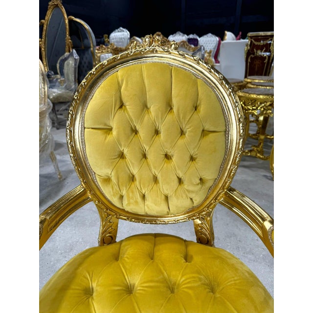 Yellow Baroque Golden Yellow Velvet Chair With Exquisite Gold Leaf Details For Sale - Image 8 of 10