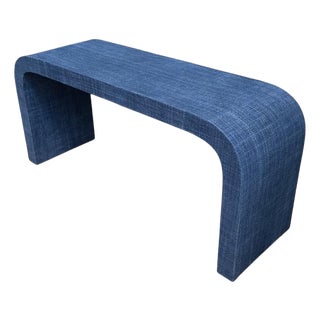 1970s Karl Springer Style Modern Blue Denim Grasscloth Wrapped Console Table For Sale