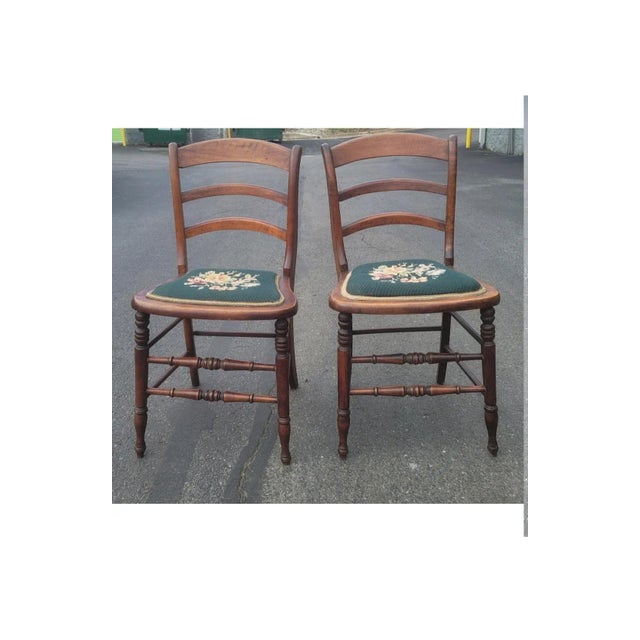 American A Pair of Early 20th Century Victorian Style Ladder Back Walnut and Needlepoint Upholstered Seat Side Chairs For Sale - Image 3 of 11