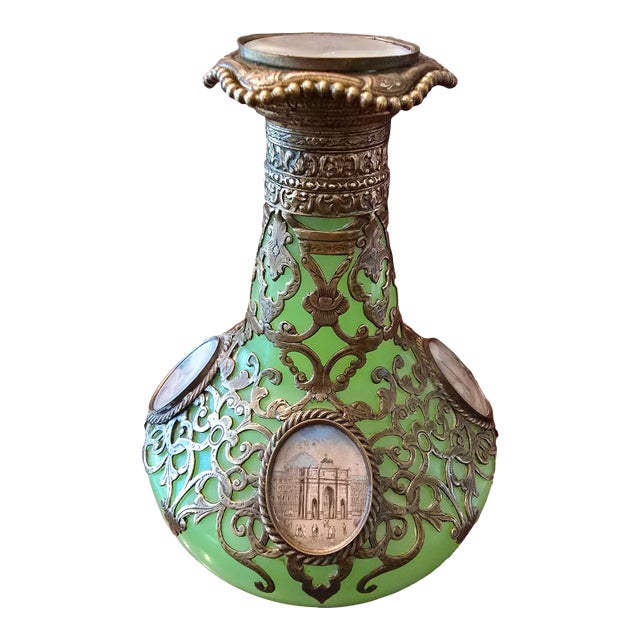 Antique Emerald Jade Green Opaline Crystal Perfume Bottle For Sale