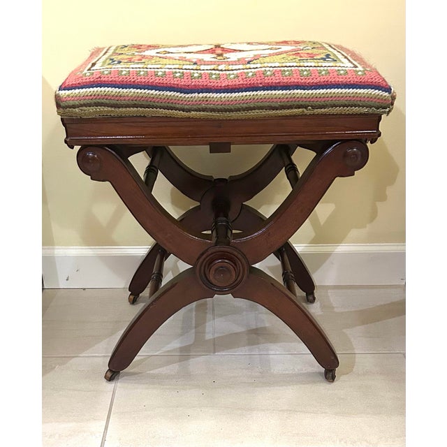 Antique, Victorian, Adjustable X-Frame, Mahogany Piano/Foot Stool, With Geometric, Needle-Point, Upholstered Top, Postawka, Cambridgeport, Mass, 1871 For Sale In South Bend - Image 6 of 9