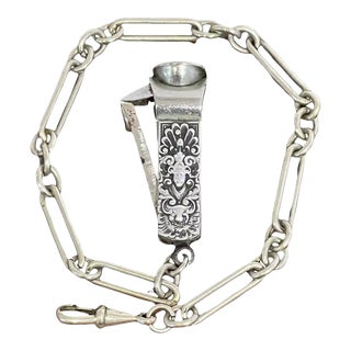 Victorian Sterling Medallion Motif Cigar Cutter With Silverplated Chain, 1890s For Sale