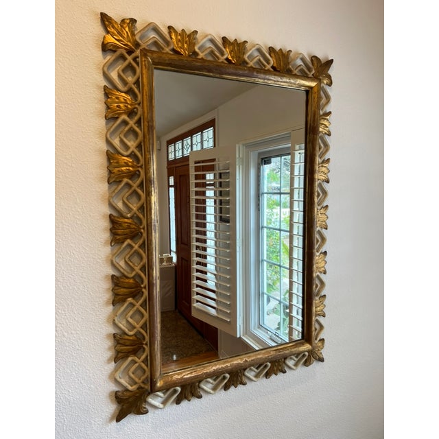 Mid-Century Modern 1960 Italian Hollywood Regency Giltwood Mirror With Hand-Carved Geometric & Floral Frame For Sale - Image 3 of 13