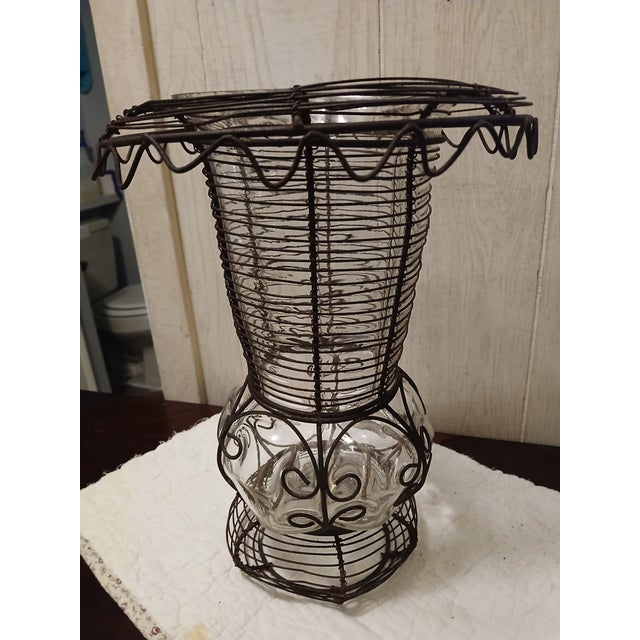Antique French Pedestal Urn Caged Glass Twisted Wire Vase Late 19th Century For Sale - Image 11 of 11