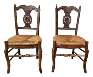 Pair of 19th Century Antique French Country Style Solid Tiger Oak Carved Rush Seat Side Chairs