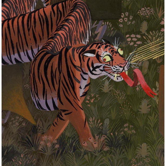 Nico Pearleyes, Surreal Landscape with Tiger and Guitar, 2024, Acrylic with Gold Leaf on Paper For Sale - Image 4 of 11