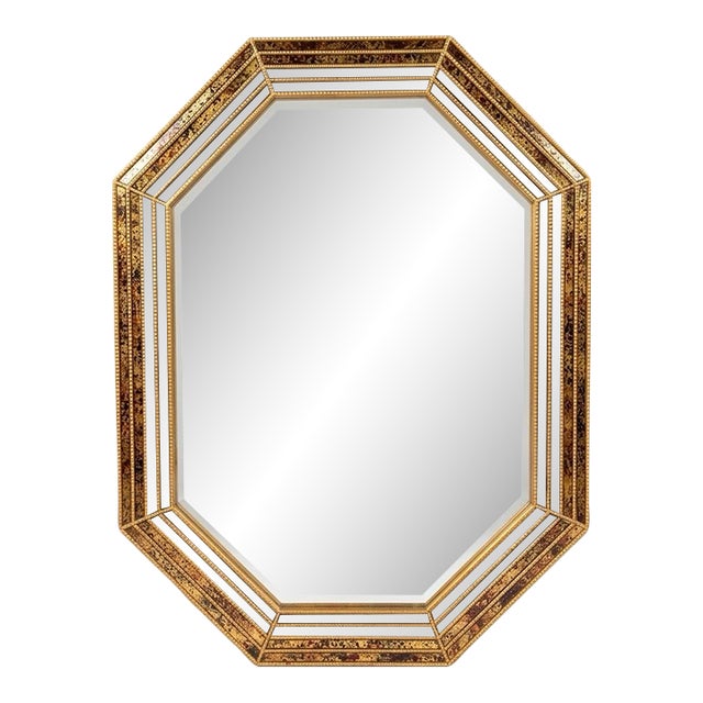 1970s Octagonal Églomisé Mirror in Faux Tortoise - Hollywood Regency Style - Styled After Maison Jansen For Sale