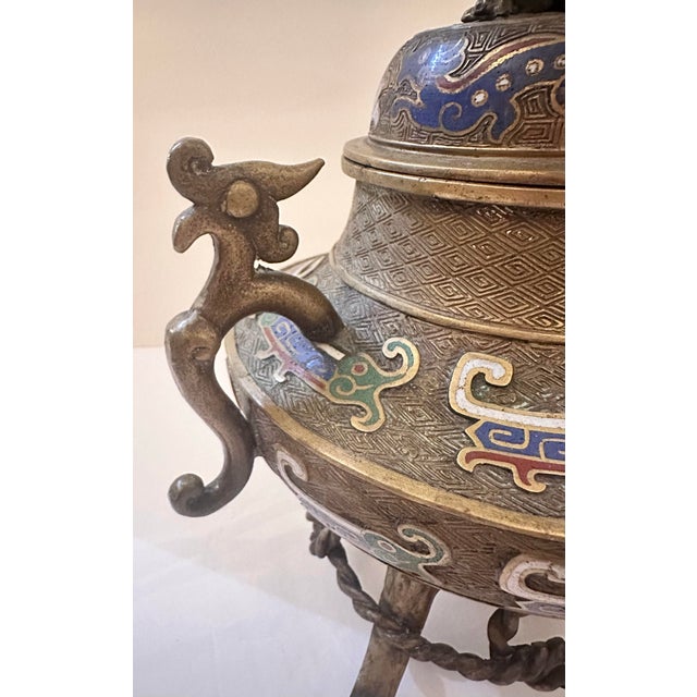 Early 20th Century Early 20th Century Chinese Foo Dog Bronze Cloisonné Censor For Sale - Image 5 of 12