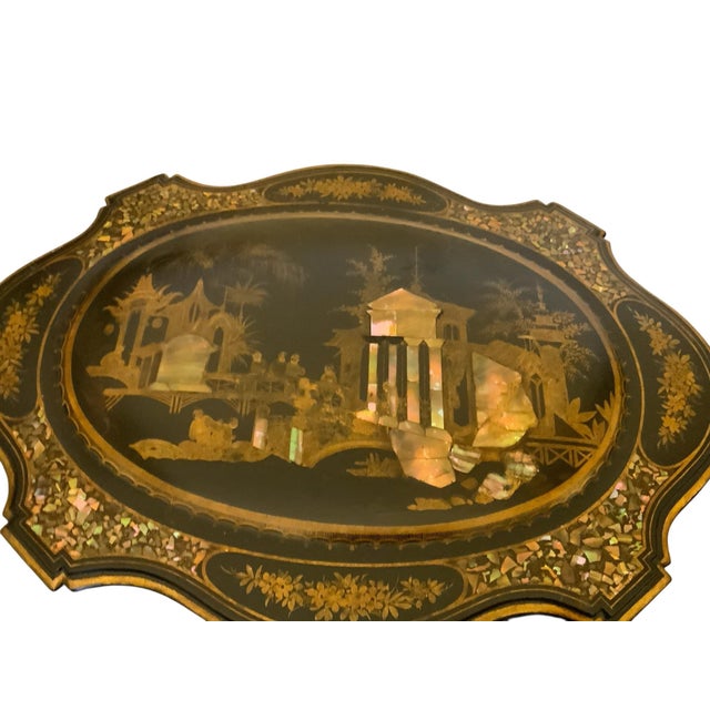 French Antique Burgauté Black Lacquer & Mother-of-Pearl Sewing Table Circa 1850–1880 For Sale - Image 3 of 11