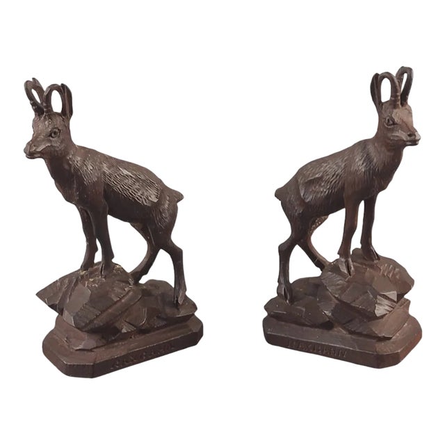 Antique Late 19th Century Black Forest Hand Carved Pair Alpine Goat - Ram- Buck Wood Sculptures - a Pair For Sale