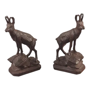 Antique Late 19th Century Black Forest Hand Carved Pair Alpine Goat - Ram- Buck Wood Sculptures - a Pair