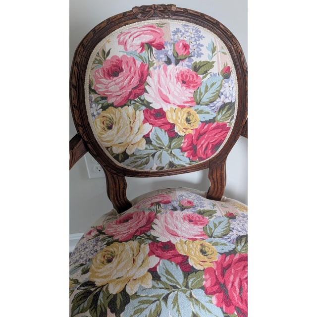 Vintage Louis XVI Style French Arm Chair Restyled/Restored- Vintage Cabbage Roses Floral Batkcloth Upholstery Fabric For Sale - Image 11 of 12
