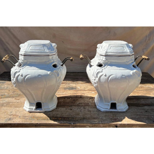 Glazed Terracotta Garden Urns or Jardinieres with Metal and Wood Handles - A Pair For Sale - Image 12 of 13