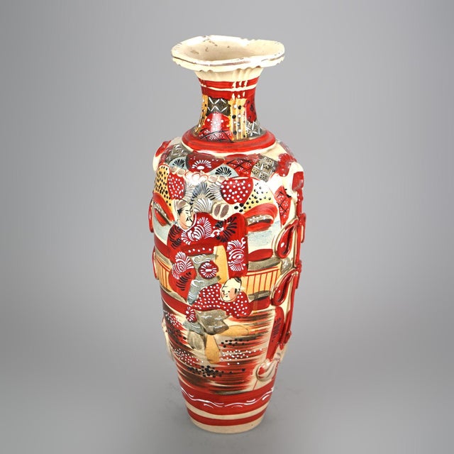 Antique Japanese Satsuma Pottery Vase with Figures C1920 Measures - 18"h x 6 1/2"w x 6 1/2"d