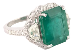 Natural Zambian Emerald 9.24 Carats and Diamonds Half Moon 1.01 Carats in 14k, Size 6