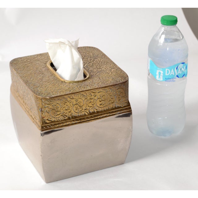 Metal 1970s Bohemian Hand Embossed Jewelry Gold Silver Tissue Box Cover Veratex India For Sale - Image 7 of 14