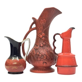 Unusual Burnt Orange Ceramic Pitcher Curation - Group of 3 For Sale