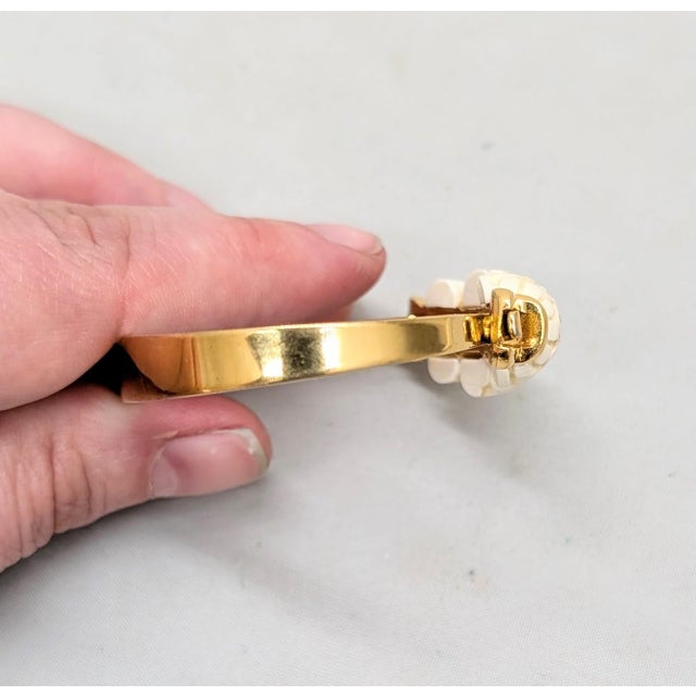 Mid-Century Modern Vintage Signed Crown Trifari Goldtone Carved Faux-Ivory Cuff Bracelet For Sale - Image 3 of 12