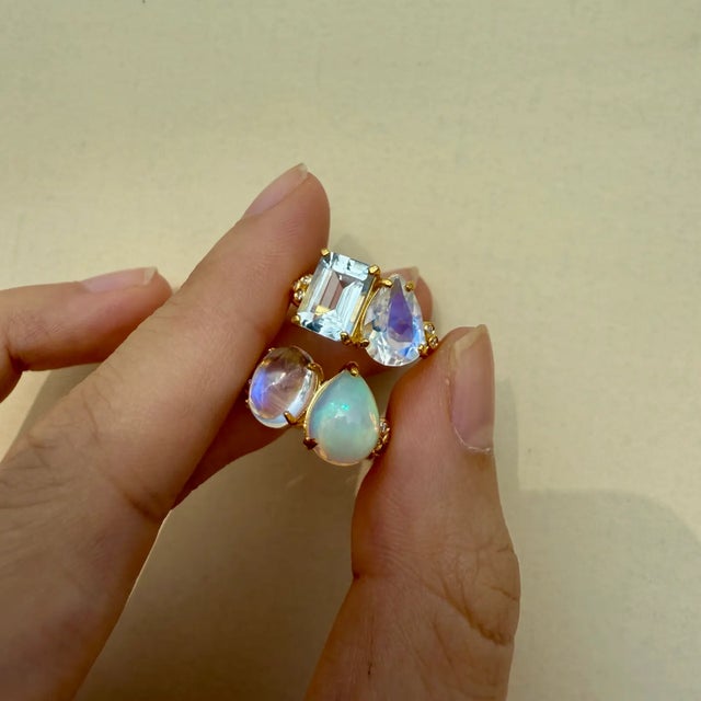 Metal Kai Fortune Aquamarine Rainbow Moonstone Diamond Toi Et Moi Ring in 14k Solid Gold, size 4.5 For Sale - Image 7 of 7