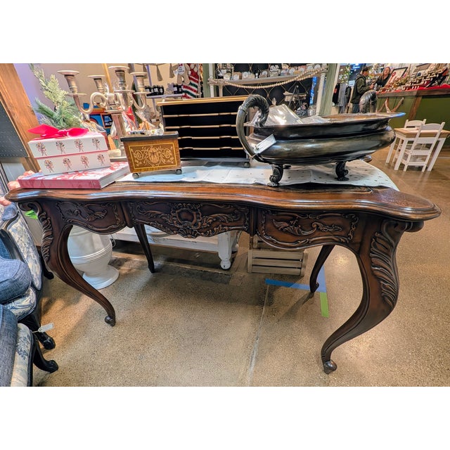 Antique Ornate French Provincial Carved Oak Library Table Desk With Shell Motif For Sale - Image 4 of 6