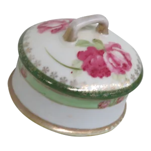 I E and C Co Japan Hand Painted Flowers Lidded Powder Dish Trinket Box