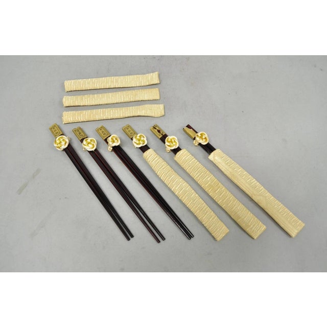 Vintage Japanese Oriental Chopsticks in Custom Silk Gold Sleeves and Knots - 6 Pc Set. Circa Late 20th Century....