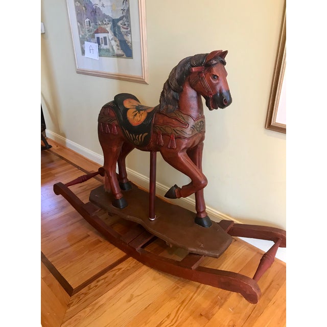 Traditional Carousel Rocking Horse Late 19th Century Hand Painted Carved Wood For Sale - Image 3 of 9