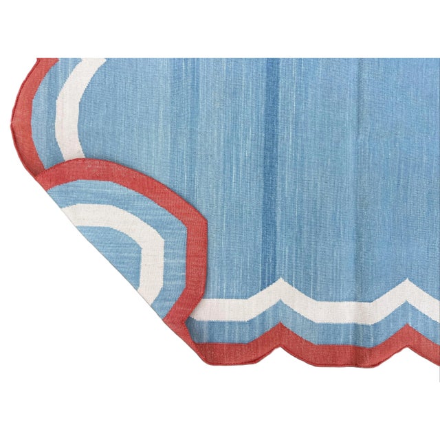 Casa Cosima Handmade Cotton Area Rug, Sky Blue Scalloped With Terracotta Border - 12'x15' For Sale - Image 4 of 10