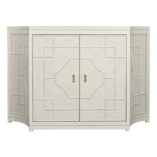 Matthew Izzo Home Isabel Painted Antique White Two Door Cabinet With Rattan Overlay and Brass Door Pulls For Sale