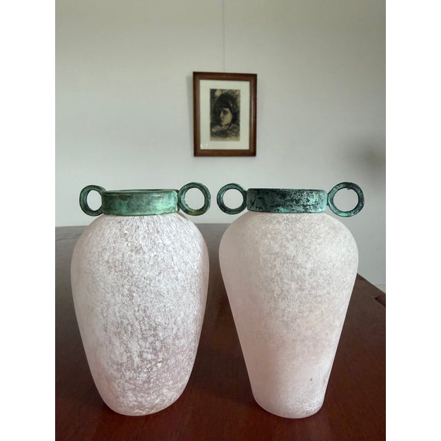 Pair of Scavo Murano-Style Glass Vessels Bud Vases Pink Verdigris Metal Handles For Sale - Image 11 of 18