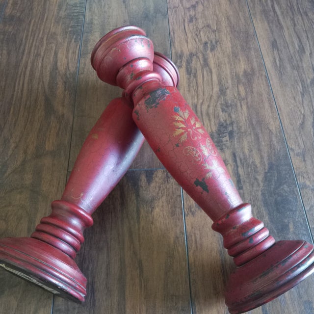 Set of 2 Pillar Candle Holders Rustic Style Made of wood Distressed Painted / Red Gold Floral / Stripe Accent Will add...