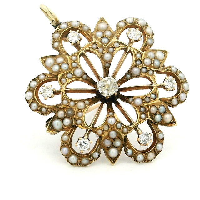 Late 19th Century Victorian 14k Gold Diamond and Seed Pearl Convertible Pendant Brooch For Sale - Image 14 of 17