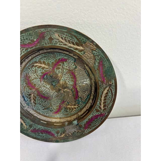 Mid-Century Modern Vintage Indian Brass Trinket Dish With Etched Floral Detail For Sale - Image 3 of 8