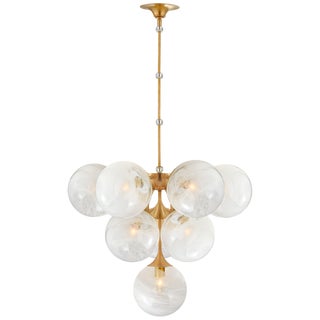 AERIN for Visual Comfort Signature Cristol Tiered Chandelier in Hand-Rubbed Antique Brass with White Strie Glass For Sale