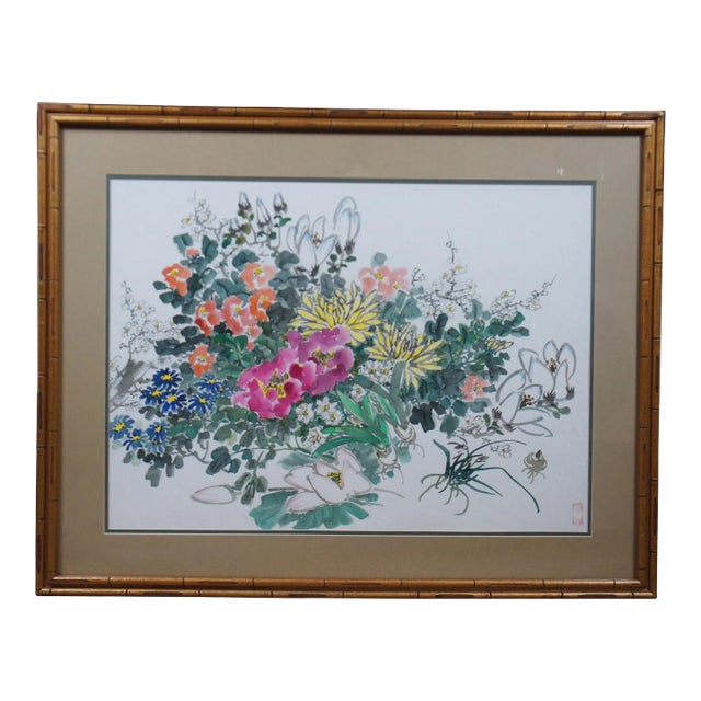 Vintage Zhongxiang Liu Chinese Chinoiserie Botanical Floral Watercolor Painting For Sale