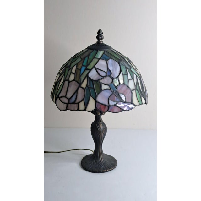 SKU: OT 3343 Vintage 1970/80s Tiffany Style-Stained Glass Pansy Table Lamp Bronze Base 16" H Beautiful vintage Tiffany-...