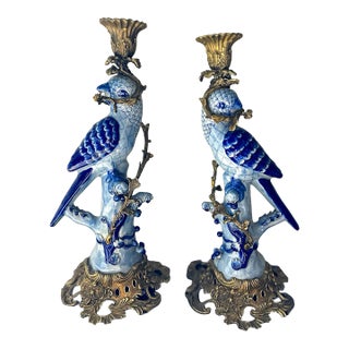 Vintage Blue and White Porcelain Parrot Candleholders or Candlesticks - a Pair For Sale