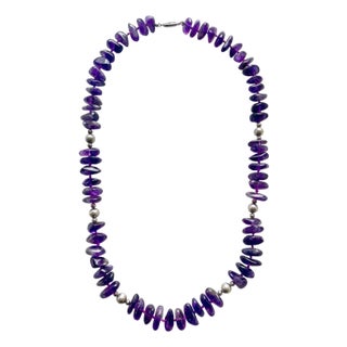 Amethyst and Sterling Silver Hand Knotted Beaded Necklace For Sale