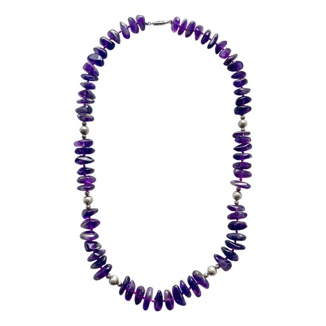 Amethyst and Sterling Silver Hand Knotted Beaded Necklace For Sale