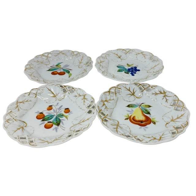 Vintage Numbered Reticulated Porcelain Hand Painted Fruit Accent Plates a Set of 4 For Sale - Image 4 of 13