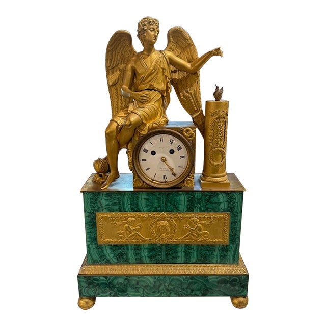 Period French Empire Malachite and Ormolo Figural Clock For Sale