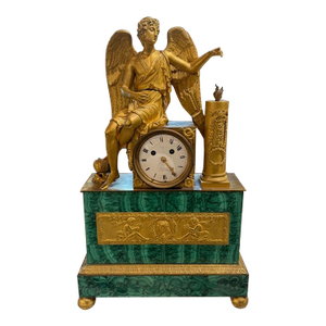 Period French Empire Malachite and Ormolo Figural Clock