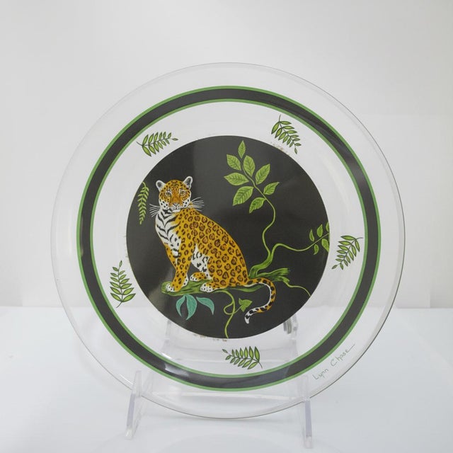 Darling Lynn Chase Jaguar Jungle salad plate set of 2. Clear glass with sitting jaguar cat facing left, amongst fern...